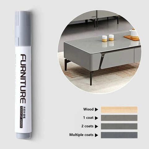 12 Color Wood Marker Set For Furniture Repair pen shown next to coatings on wood surface with table in background illustrating use