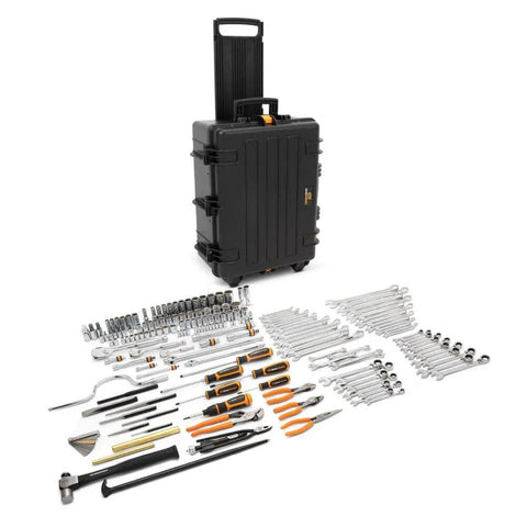 185 Piece GMTK Tool Kit With 1/4 Inch 3/8 Inch And 1/2 Inch Drive In Foam Trays And Heavy Duty Tool Carrier with tools displayed