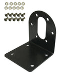 Black iron L-shaped motor mounting bracket for 37mm DC gear motors with base plate; includes screws and nuts.