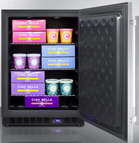 Slick Stainless Steel Undercounter Freezer With Dope Frost Free Tech And Kickin Up 24 Inch Space For Built In Or Freestanding Setup Featuring Digital Controls And Factory Installed Lock For Super Chill Kitchen Storage with ice cream containers displayed inside.