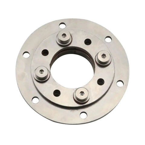 360-degree bidirectional rotating hinge flange in 304 stainless steel with six mounting holes and central bore.
