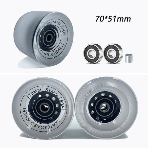 70mm Longboard Wheels 51mm Wide With 80A Hardness And ABEC-9 Bearings, Includes Spacers, Riser Pads And All Hardware, Clear Frosted Finish