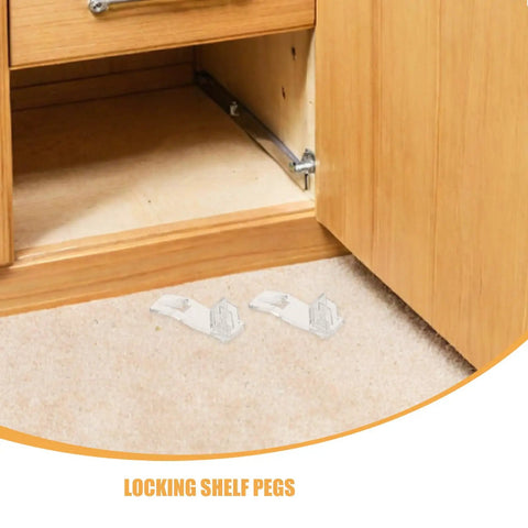 Locking Shelf Pegs With Antislip Grooves, Curved Edge Plastic Shelf Pins for 20mm Thick Shelves near a wooden cabinet