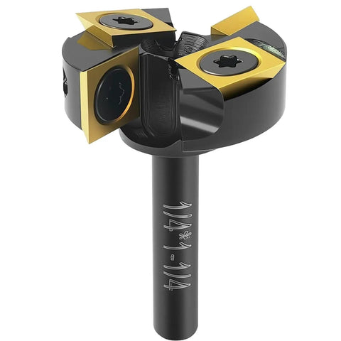 Heavy Duty Slab Flattening Router Bit With One Quarter Inch Shank One And One Quarter Inch Cutting Diameter Two Plus Two Pro Grade Titanium Coated Flutes Carbide Inserts For CNC Spoilboard Surfacing MDF Planing Slab Leveling And Rabbeting