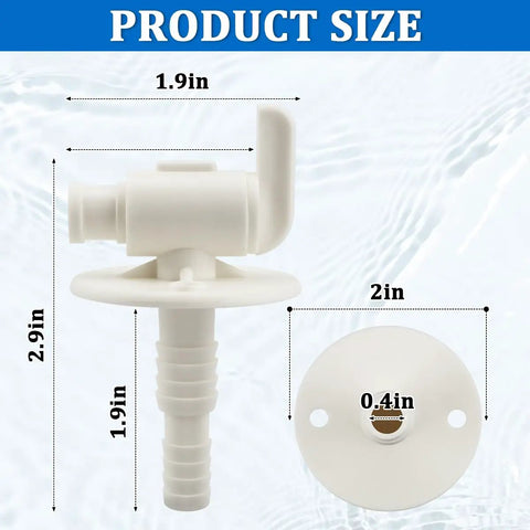 Universal RV Fresh Water Tank Drain Valve Replacement with flange, 3/8 or 1/2 inch hose barb, low point drain valve dimensions