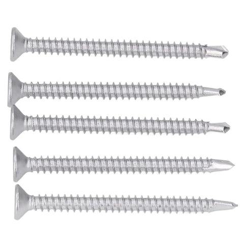 Close-up of 200 Pieces Self Drilling Screw Set 410 Stainless Steel Heavy Duty Cross Countersunk Head Fasteners For Metal To Wood DIY Construction 50mm Length M4.2 18