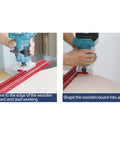Adjustable Aluminum Router Template And Sturdy Guide Rail Rig in use shaping a wooden board into an arc.