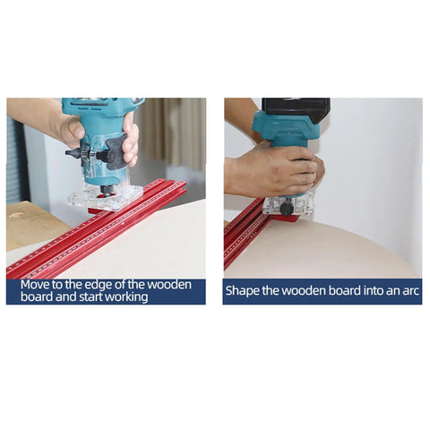 Adjustable Aluminum Router Template And Sturdy Guide Rail Rig in use shaping a wooden board into an arc.