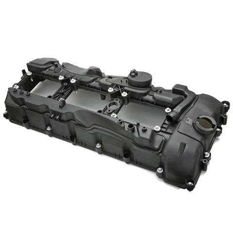 N55 Engine Valve Cover Kit With Gasket Bolts And Oil Cap For BMW 335i 535i X3 X5 X6 740i 740Li 3.0L, black color, side view.