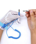 Adjustable Anti Static Wrist Strap With Grounding Wire And Alligator Clip For Working On Sensitive Electronics shown in use