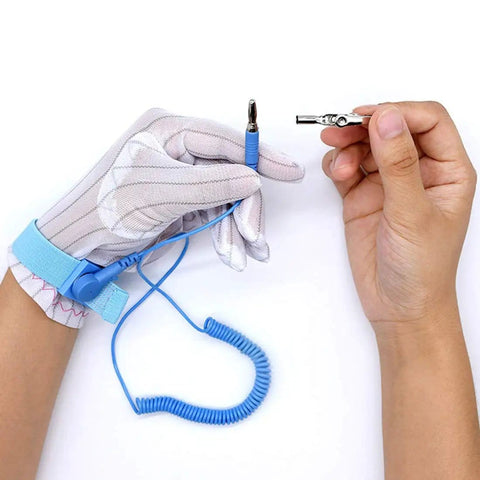 Adjustable Anti Static Wrist Strap With Grounding Wire And Alligator Clip For Working On Sensitive Electronics shown in use