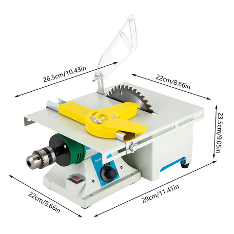 5 In 1 Mini Lapidary Saw And Polishing Kit With 750W Gem Jewelry Grinder on a workbench, dimensions shown
