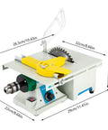 All In One 750W Mini Table Saw And Polisher For Jewelry Making Adjustable Bench Grinder shown with dimensions