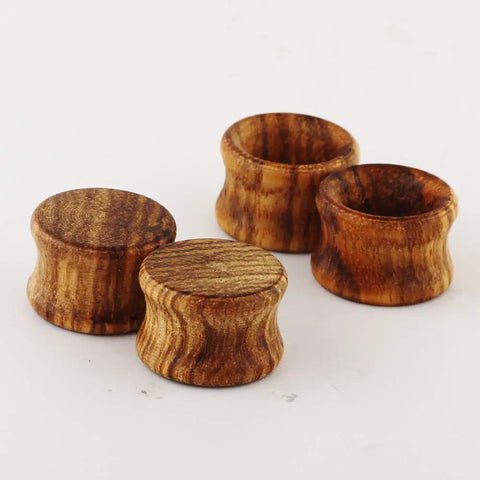 Natural Brown Wood Ear Tunnels Assorted Two Pairs Set Double Flared Expander Plugs For Ear Stretching Organic Wood Finish Ideal For 8mm To 16mm Gauges displayed.