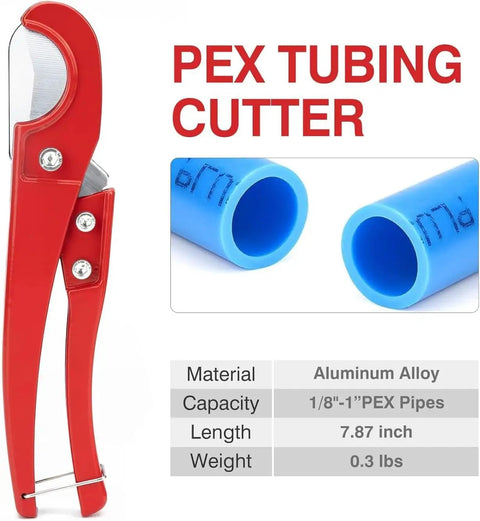 Red PEX tubing cutter with aluminum alloy material next to blue PEX pipes. Part of PEX Crimping Tool Kit For One Half And Three Quarter Inch PEX B Pipe With Copper Crimp Rings Tubing Cutter Go No Go Gauge Forged Steel ASTM F1807 Compliant For DIY Pros Plumbing And Residential Water Line Installations.