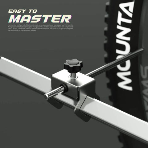 Close-up of Derailleur Hanger Alignment Gauge Tool for Bikes with 20 to 29 Inch Wheels in Pro Grade Stainless Steel 304