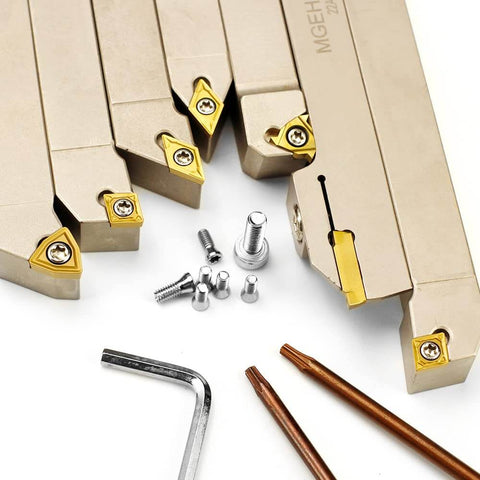 Heavy Duty 1/2 Inch Shank Indexable Lathe Tool Set With Nickel Plated CNC And Metal Lathe Tool Holders For Turning Grooving Threading Parting And Cut Off 7 Piece Kit Durable And Corrosion Resistant Built To Last, showing metal holders and accessories.