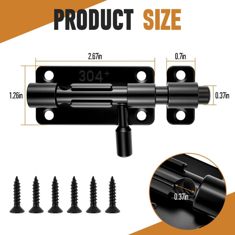 Heavy Duty 2 Piece Black 4 Inch Slide Bolt Gate Latch Kit With Smooth Operation Crafted From Hardcore 304 Stainless Steel with dimensions.