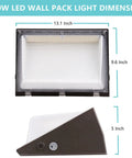 Dimmable 100W LED Wall Pack Light With Dusk to Dawn Photocell dimensions, front and side view, showing 13.1 x 9.6 inches size