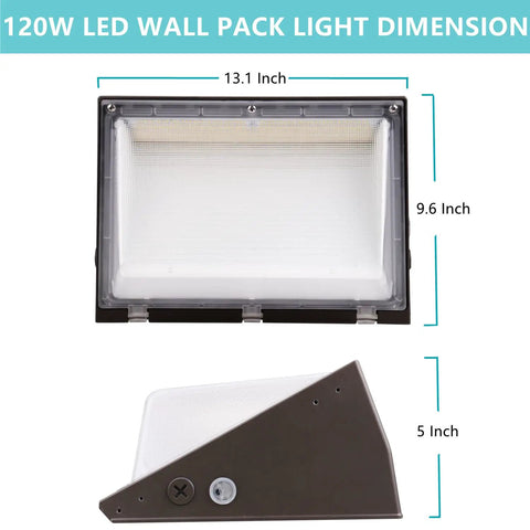 Dimmable 100W LED Wall Pack Light With Dusk to Dawn Photocell dimensions, front and side view, showing 13.1 x 9.6 inches size