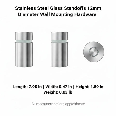 Stainless Steel Sign Mount Kit With 12mm Standoffs For Glass And Acrylic Panels, shown with polished silver finish and dimensions