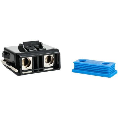 Heavy Duty Four Gauge Awg Marine Grade Inline Mini Anl Fuse Holder Featuring IP65 Sealed Waterproof Housing And Three Badass 80 100 150 Amp Fuses For Your Daily Driver Ride with a black fuse holder and blue cover.