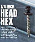 Self Tapping Roofing Fastener With EPDM Sealing Washer Size Ten Wood Screw One And A Half Inch Length Quarter Inch Hex Head Burnished Slate Finish Superior Corrosion Protection Painted Carbon Steel Screws Pack Of Two Hundred Fifty, showing close-up of screw with hex head and threads.
