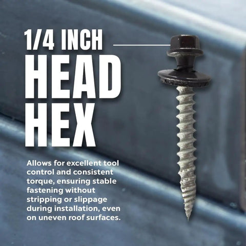 Self Tapping Roofing Fastener With EPDM Sealing Washer Size Ten Wood Screw One And A Half Inch Length Quarter Inch Hex Head Burnished Slate Finish Superior Corrosion Protection Painted Carbon Steel Screws Pack Of Two Hundred Fifty, showing close-up of screw with hex head and threads.