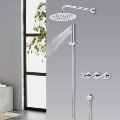 Wall Mounted Shower System 10 Inch Rainfall Shower with Handheld Spray featuring sleek chrome finish and flexible hose.