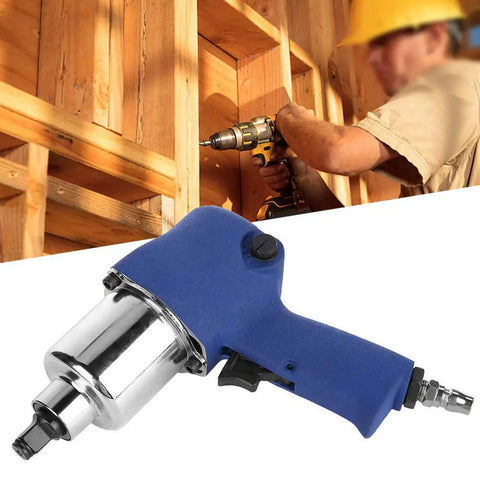 Heavy Duty Pneumatic Impact Wrench Pumps Out Killer 8500 RPM with a blue handle and chrome finish, ideal for bolt fastening.