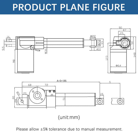 Technical schematic of 40 Inch Long Stroke 12V Linear Actuator 1320 Lbs Beefy Heavy Duty Electric Actuator with dimensions.