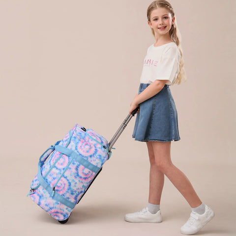 Girls' 22-inch tie-dye rolling suitcase, side view, with wheels and telescoping handle