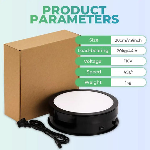 Flyrivergo 7.9Inch Rotating Display Stand With Led Light, 44 Lb Capacity Turntable displaying product size and specifications.
