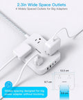 Legit Flat Plug Extension Cord With Four Wide Spaced Outlets And Dual Usb Type C Fast Charging Power Strip shown with adapters connected.