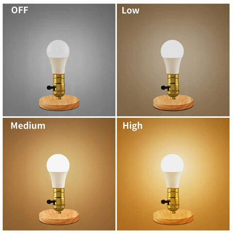 2-Pack UL Listed E26 Lamp Socket Replacement With Gold Finish on lamp showing 3-way turn switch settings: off, low, medium, high.