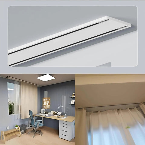 Double Curtain Track Ceiling Mounted 8 Ft Aluminum Curtain Rails, Heavy Duty Aluminum Rail System For Drapes, Smooth Gliding, Durable Wear Resistant Finish, Ideal For Living Room, Bedroom, And Office Windows installed in office and bedroom