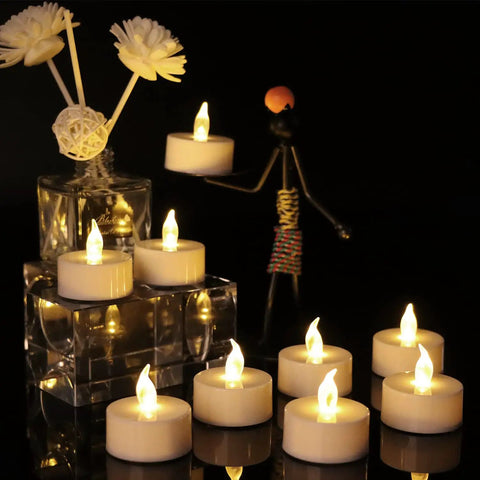 Battery Operated Tea Lights 24 Pack Flickering LED Flameless Candles Warm Yellow for Weddings Parties with Cozy Vibe
