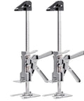 Dual Action Labor Saving Arm Jacks 2 Pack Adjustable Height Hand Lifter For Doors Windows And Massive Furniture With Built In Magnet Level And Quick Release No Sweat Operation Tough As Nails Silver Finish, showing steel arm jacks with measurement scale.