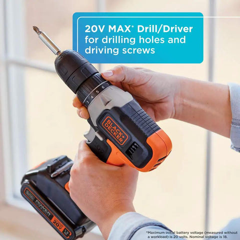 20V MAX cordless drill held for use, part of Home Tool Kit With 20V Max Drill Driver, 83-Piece Set Including Drill Bits And Screwdriver Bits.