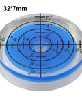 Round Bubble Level for Precision Measuring and Alignment Tasks, 32mm diameter, translucent blue, with measurement markings.