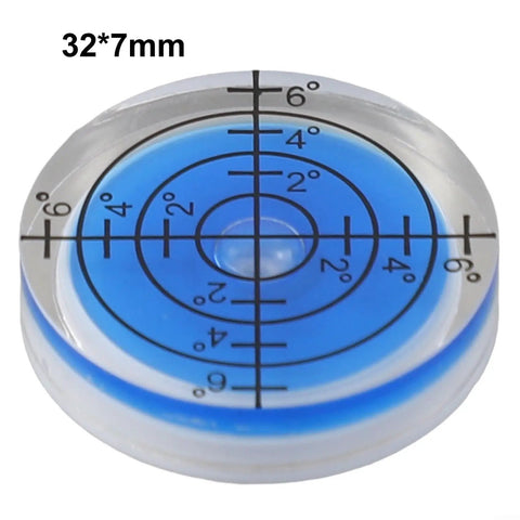 Round Bubble Level for Precision Measuring and Alignment Tasks, 32mm diameter, translucent blue, with measurement markings.