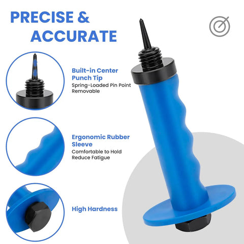 Pro Grade Hollow Punch Kit With Pin Point Shaft For Gaskets And Leather Work Rubber Hole Cutter Set detail of ergonomic handle and center punch