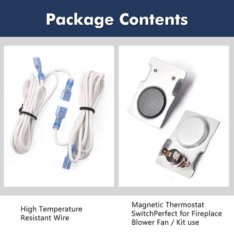 Package contents showing magnetic thermostat switch with high temperature resistant wire for fireplace blower fans