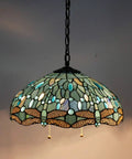 Tiffany Style Sea Blue Stained Glass Dragonfly Pendant Light, 16 Inch Wide, 40 Inch Height, Antique Bronze Fixture