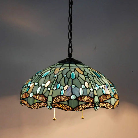 Tiffany Style Sea Blue Stained Glass Dragonfly Pendant Light, 16 Inch Wide, 40 Inch Height, Antique Bronze Fixture