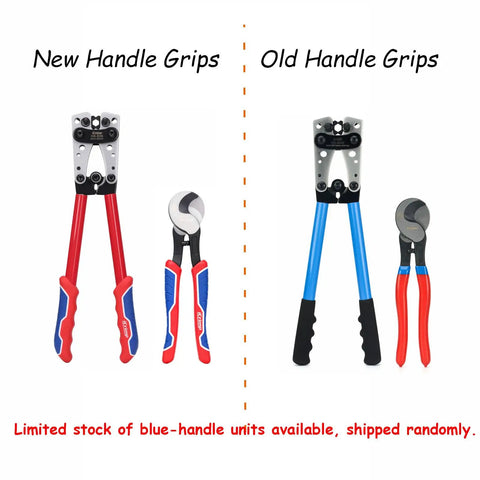 Pro Grade Heavy Duty Battery Cable Lug Crimping Tool For 8 6 4 2 1 And 1/0 AWG Lugs with new and old handle grips side by side