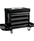 Heavy Duty 3 Drawer Rolling Tool Chest Seat With Magnetic Side Trays Black Vinyl Padded Seat Roller Bearing Slides Two Folding Tool Trays 350 Lbs Capacity For Pros And DIYers