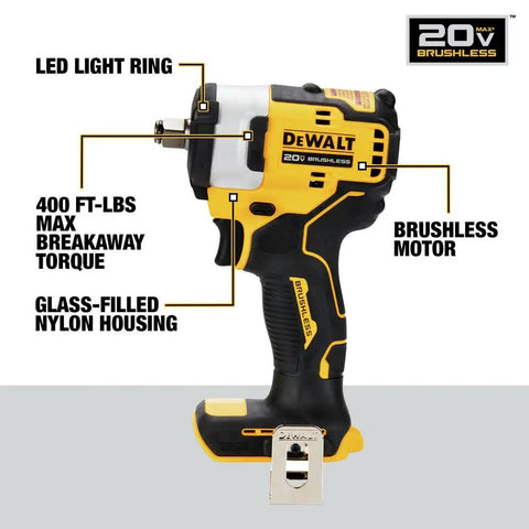 Half Inch Impact Wrench With Hog Ring Anvil, Compact Power For Tight Spots, 250 Ft Lbs Max Torque And 400 Ft Lbs Breakaway, side view.