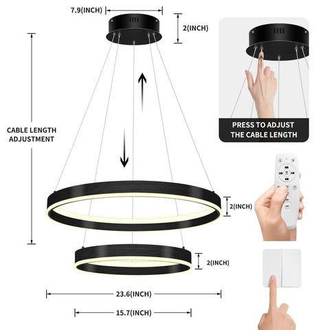 Two Ring Dimmable Black LED Chandelier With Remote Control showing size details and cable length adjustment for modern home lighting.