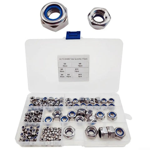 Badass 304 Stainless Steel Hex Lock Nuts Kit 170 Count Nylon Insert Fastener displayed in organizer case.